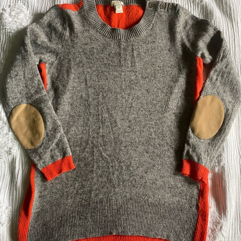 J. Crew - Women’s XS Grey & Orange Sweater 3/4 length sleeves with Elbow Patches